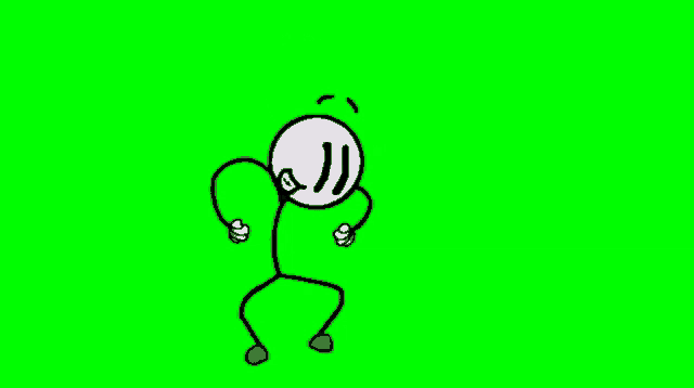 the stick figure is dancing on a green screen .