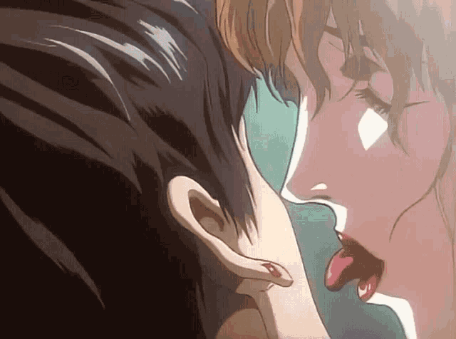 a cartoon of a man and woman kissing with the woman licking the man 's ear