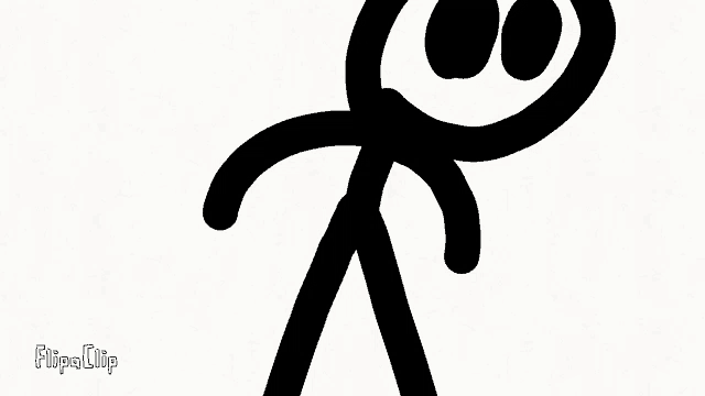 a stick figure with two eyes is standing on a white surface .