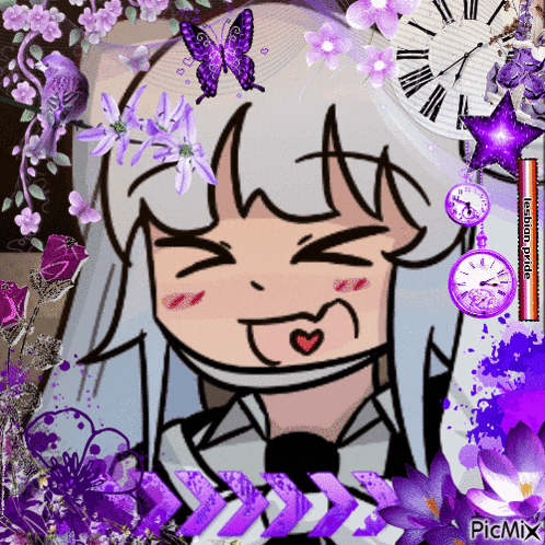 a picture of a girl with purple flowers and a clock that says picmix on the bottom