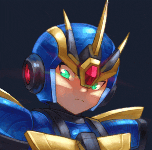 a video game character with a blue helmet and gold armor
