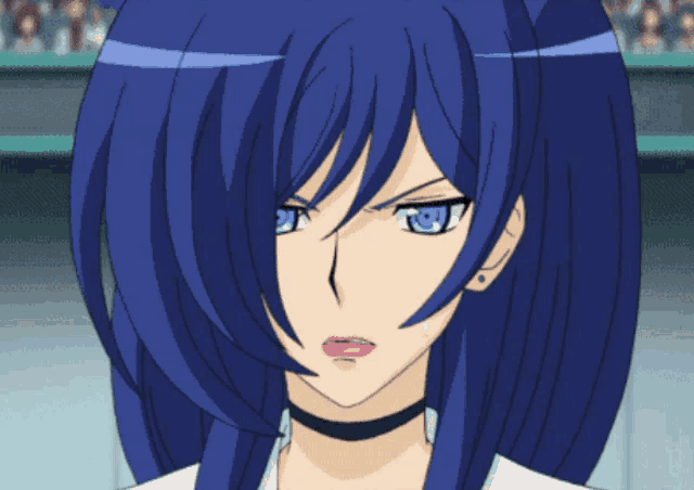 a close up of a blue haired anime girl with a choker around her neck