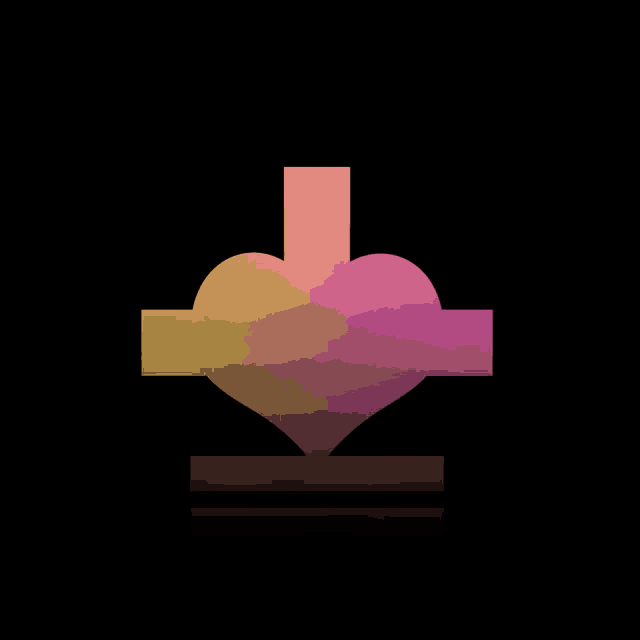 a pink and yellow heart with an arrow pointing downwards