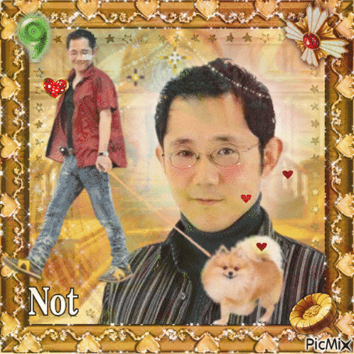 a picture of a man with glasses holding a small dog with the word not on the bottom