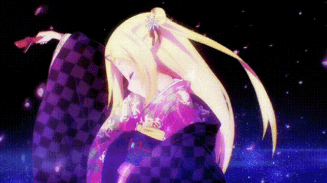 a girl with long blonde hair is wearing a kimono and holding a flower in her hair