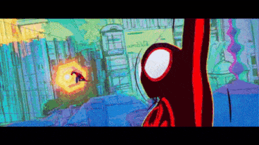 a cartoon of spider-man flying through the air while another spider-man is flying in the background .