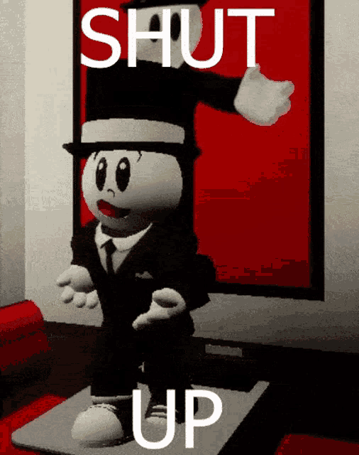 a cartoon character is standing in front of a sign that says " shut up "
