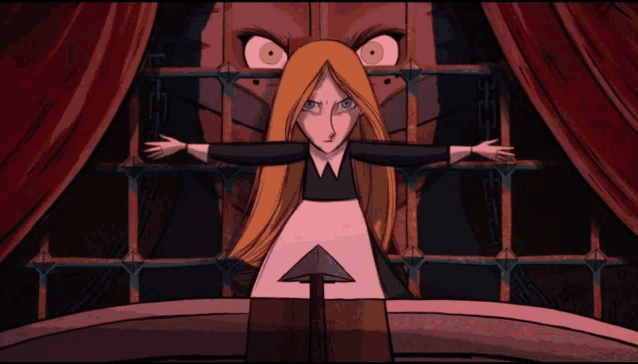 a cartoon of a woman standing in front of a large face