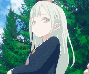 a girl with long white hair is standing in front of a forest