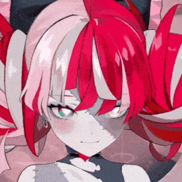 a close up of a anime girl with red and white hair