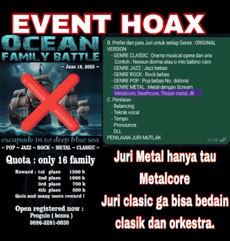 a poster for an event called ocean family battle with an x crossed out