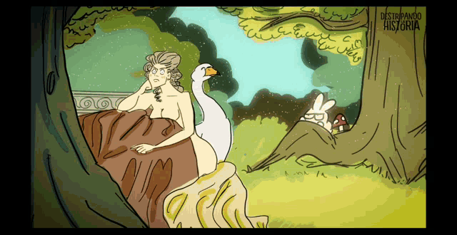 a drawing of a naked woman sitting on a goose with the words " destripando historia " on the bottom right