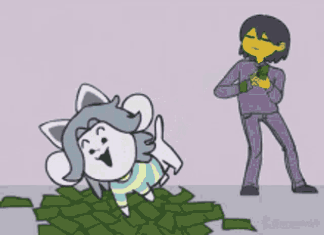 a cartoon of a person standing next to a pile of money and a cat