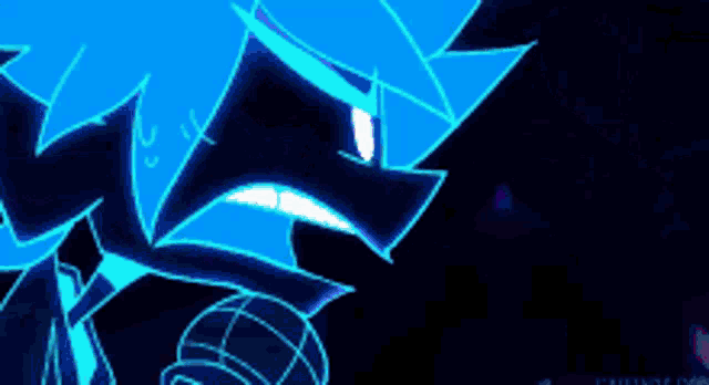 a cartoon character with blue hair and white teeth is standing in the dark .