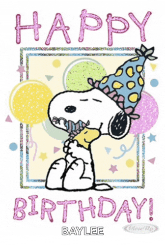 a happy birthday card with snoopy wearing a party hat and balloons