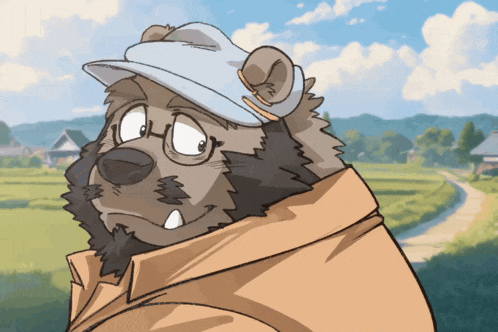 a cartoon bear wearing glasses and a hat