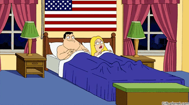a cartoon of a man and a woman laying in bed with an american flag in the background