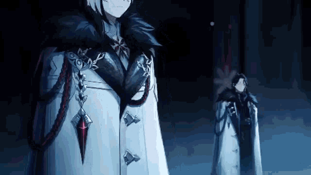 a couple of anime characters standing next to each other in the dark .