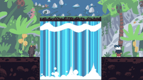 a frog and a cat are standing in front of a waterfall in a pixel art scene