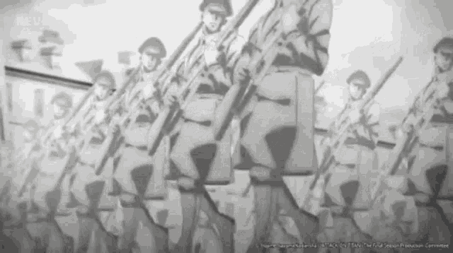 a black and white photo of a group of soldiers marching in a line holding guns .