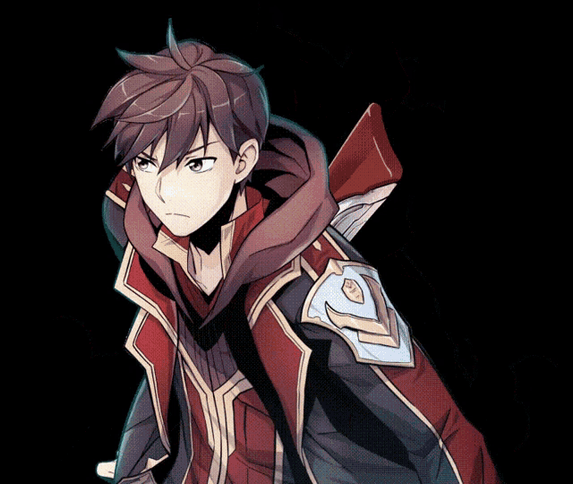 a cartoon character with blue eyes and a red coat