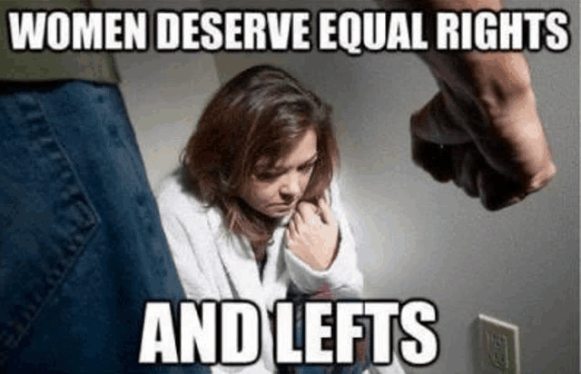 a woman is sitting in front of a fist that says `` women deserve equal rights and lefts ''