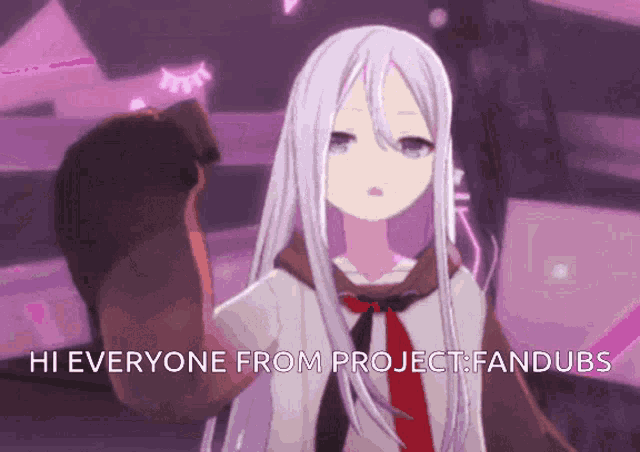 a girl with long white hair is holding a bear 's paw and says hi everyone from project fandubs