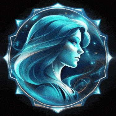 a drawing of a woman with long blue hair in a circle