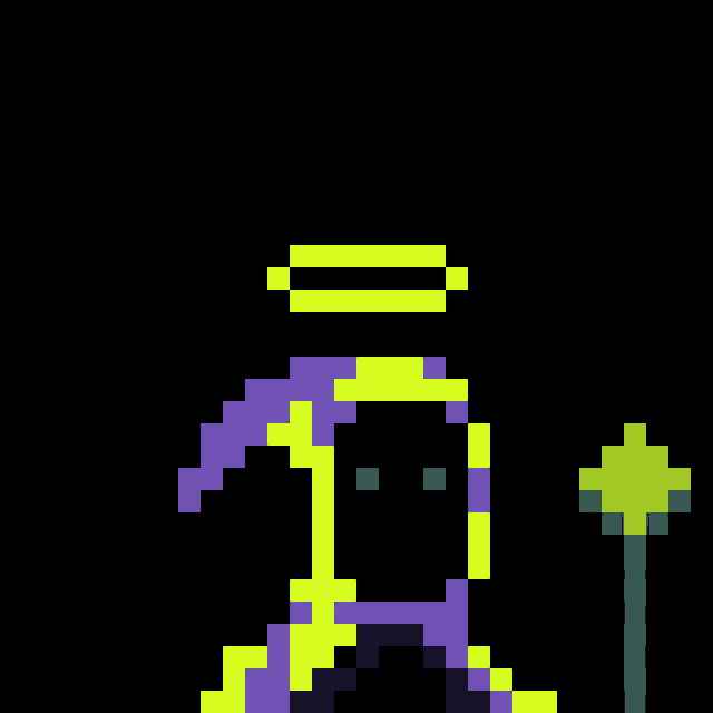 a pixel art drawing of a purple and green bottle with a yellow top and a wand .