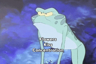 a cartoon frog with the words flowers kiss concentration on it