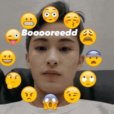 a man is surrounded by smiley faces and the words booooreedd above him