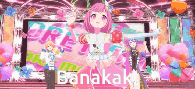 a girl with pink hair is standing in front of a stage with the word banakak written on it