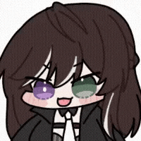 a cartoon drawing of a girl with long brown hair and purple eyes wearing a suit and tie .