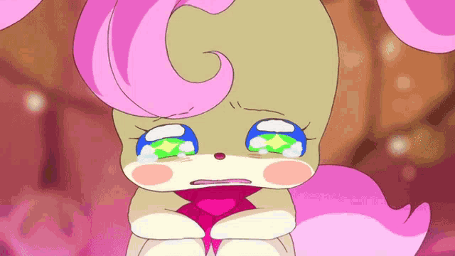 a cartoon character with a pink tail is crying