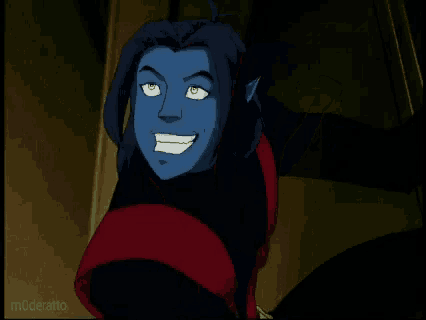 a cartoon character is standing next to a door in a room .