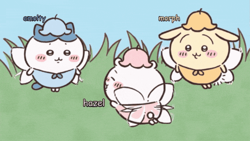 three cartoon characters are standing in the grass and one of them has the word hazel written on it