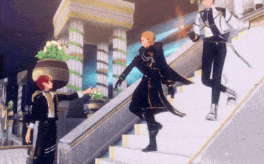 a group of people are standing on a set of stairs and one of them is holding another man 's hand