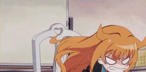 a cartoon girl with long orange hair is sitting in a chair with her hair blowing in the wind .