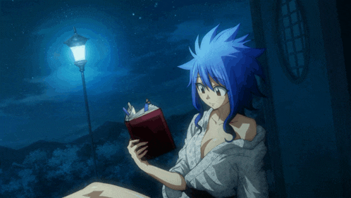 a woman with blue hair is reading a book in front of a full moon