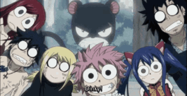 a group of anime characters are posing for a picture and one of them says dinky !