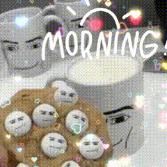 a cookie with smiley faces on it is on a table next to a cup of coffee and two mugs that say morning