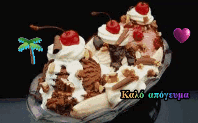 an ice cream sundae with cherries and whipped cream with a palm tree and a heart in the background