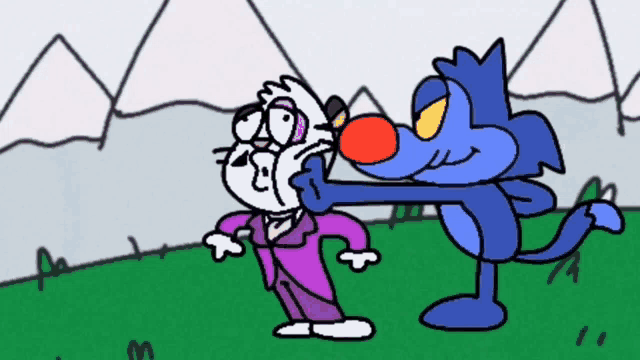 a cartoon of a cat with a red nose kicking another cat in the face
