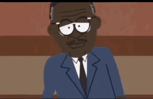 a cartoon character in a suit and tie with big white eyes