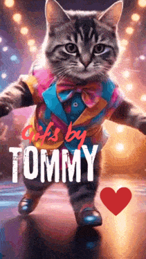 a cat wearing a colorful suit and bow tie is dancing with the words gifs by tommy below it