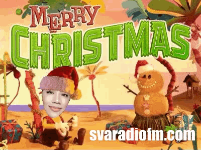 a merry christmas greeting card with a gingerbread man and a santa hat