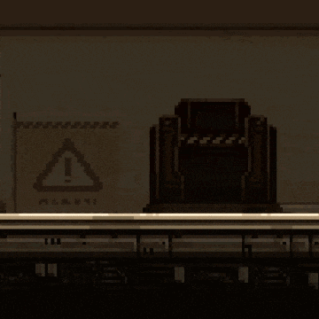 a pixel art of a person standing in front of a sign that says ' warning '