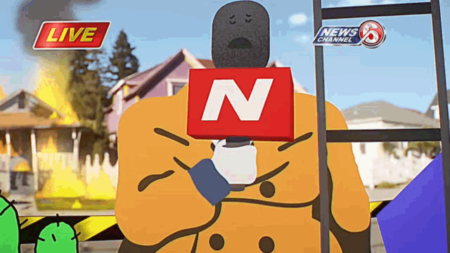 a cartoon character is holding a microphone and a sign that says n on it