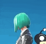 a woman with green hair is wearing a suit and a backpack .