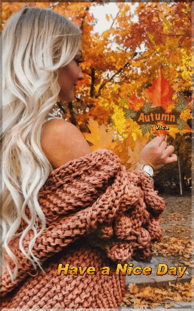 a woman in a knitted sweater is holding a maple leaf with the words have a nice day above her